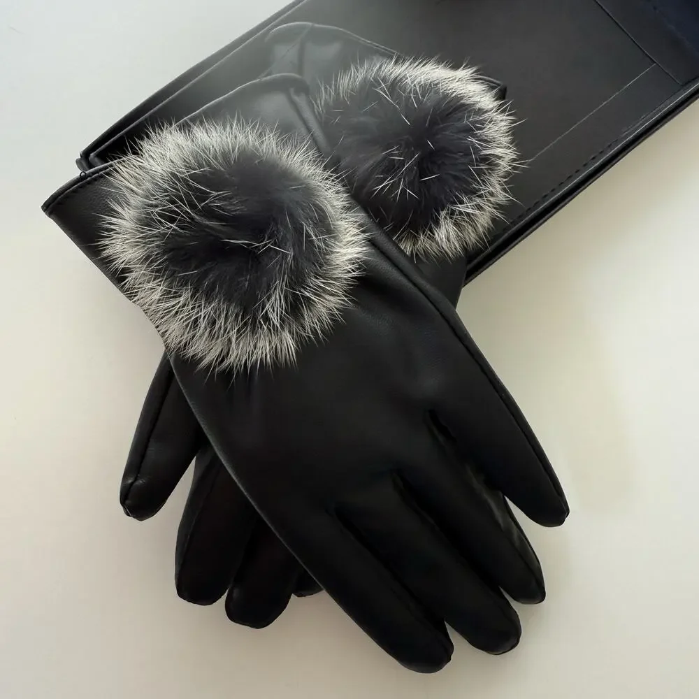 NIB Faux BlackLeather Gloves Faux Fur Pom Detail Mob Wife Aesthetic Women Size M